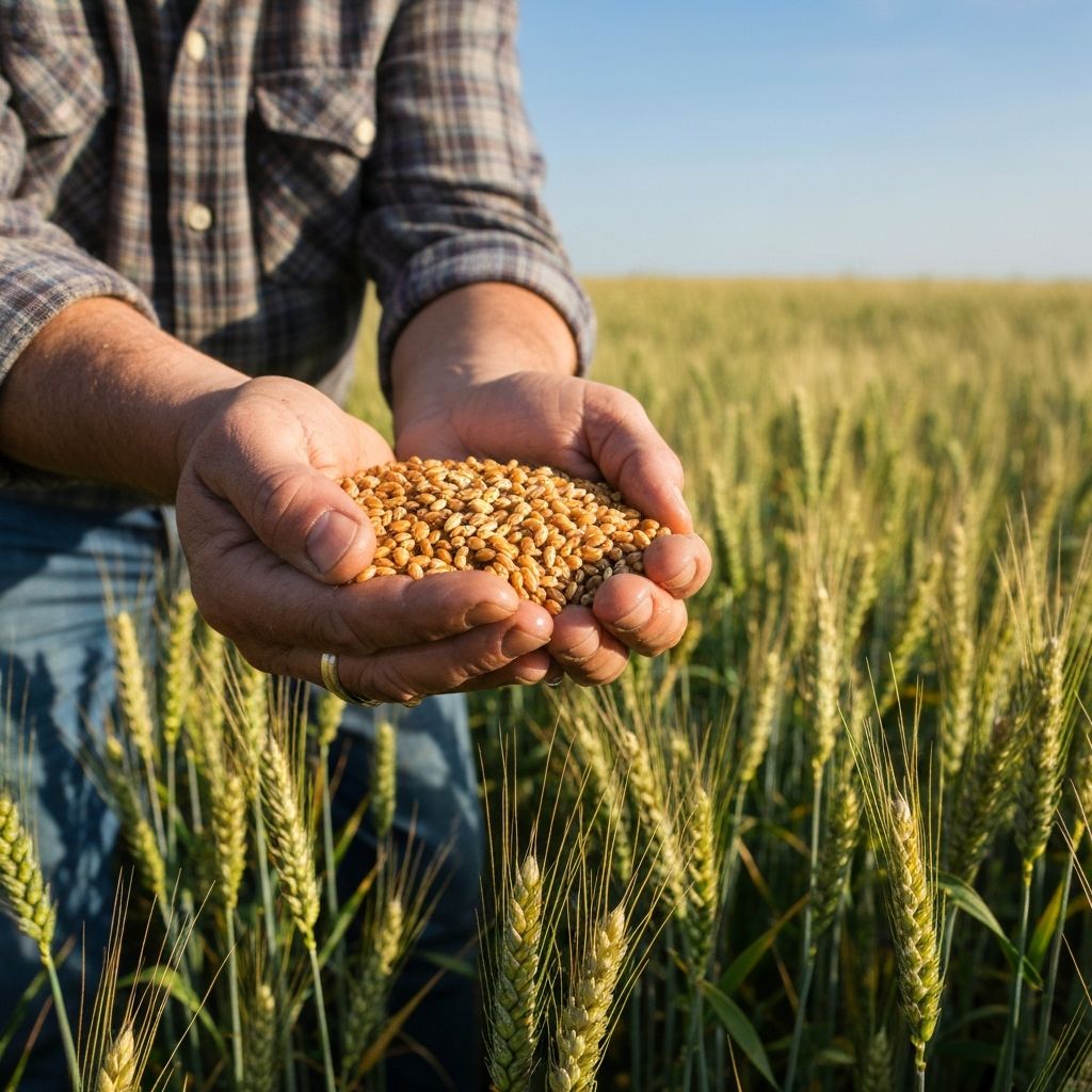 Farmer holding wheat seeds