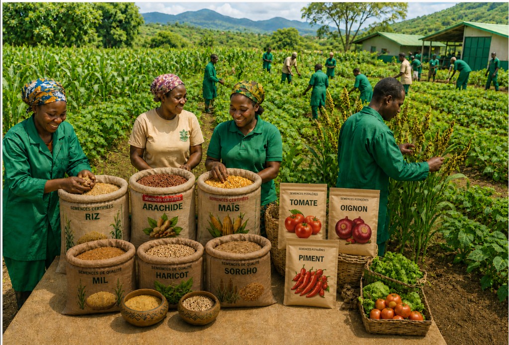 Agriculteurs et semences certifiées (riz, maïs, mil, arachide, sorgho) sur le terrain — ISSATA AfricaSeeds